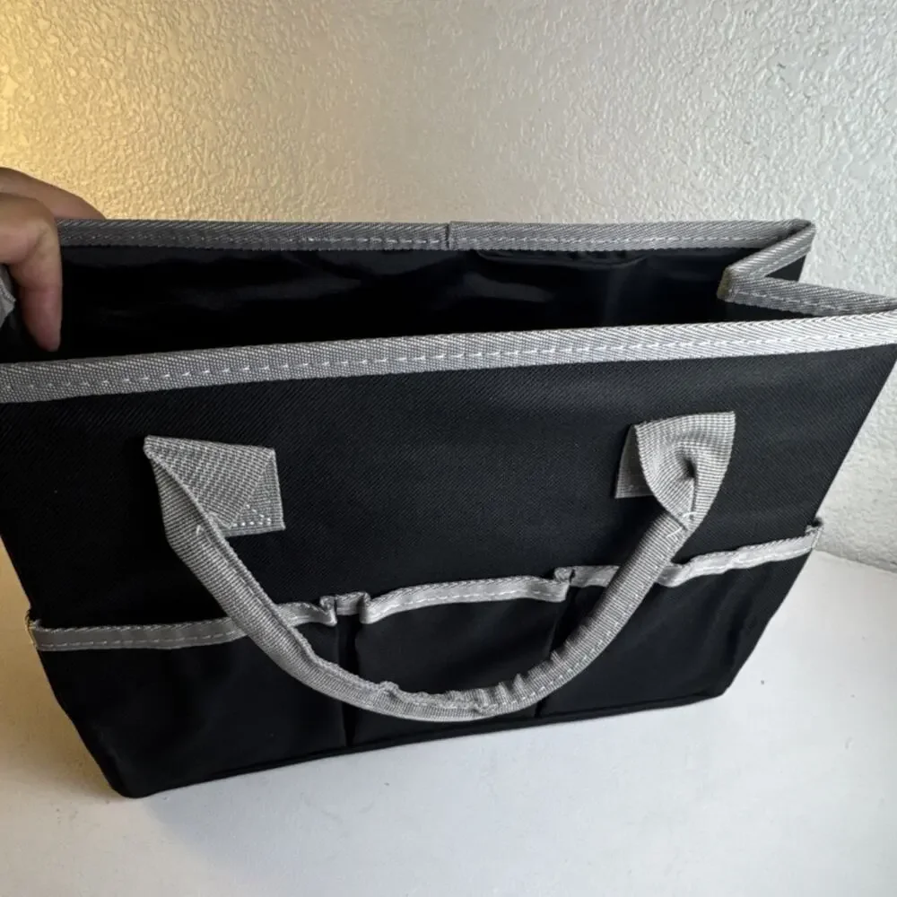 (4004)Black Gray Fabric Desktop Tote Organizer, 3 Compartments, Handles, 14x10x8